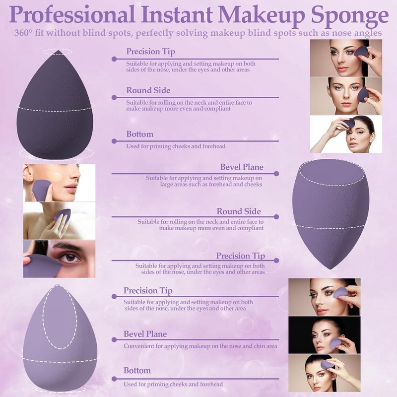 AuraRay 14 Pcs Makeup Sponge Set, Beauty Sponges Blender with 4 Pcs Powder Puff and 4 Pcs Mini Make up Sponges for Liquid,Foundation,Powder,Concealer,Cream (Purple) - Image 3